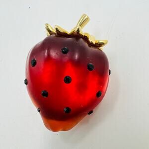 Strawberry Pin Brooch Red Lucite with Black Rhinestones Gold Tone Whimsical